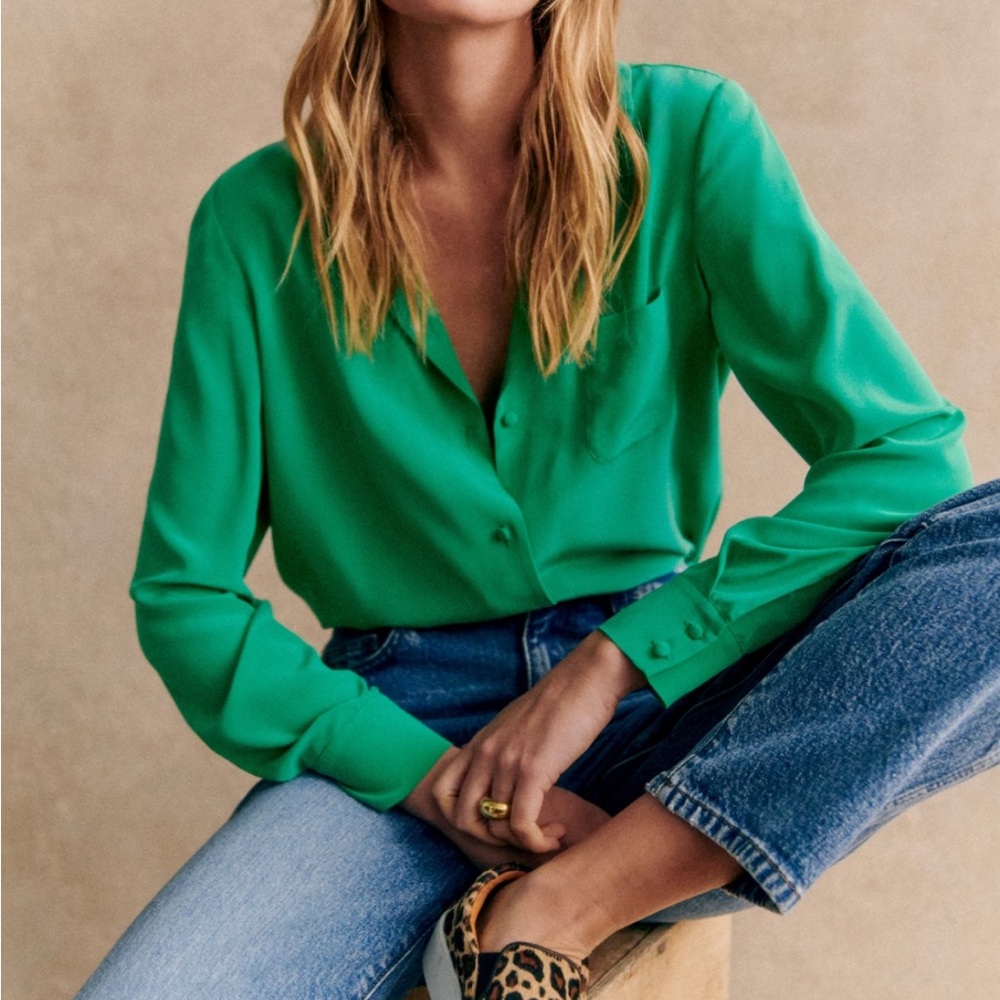 Sézane Florence Shirt - Bright Green - Silk size S NWT